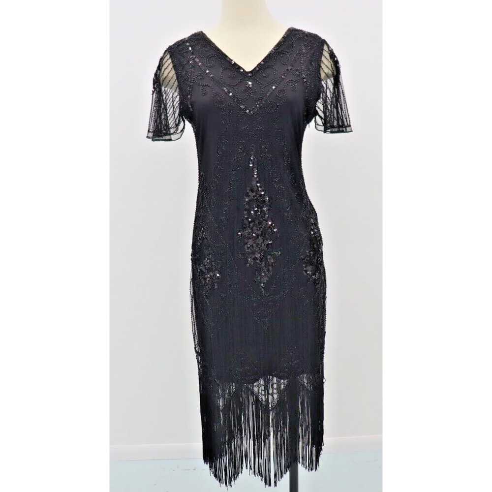 Sequin Beaded Black Fringe Flapper Roaring 20's Style Party Dress